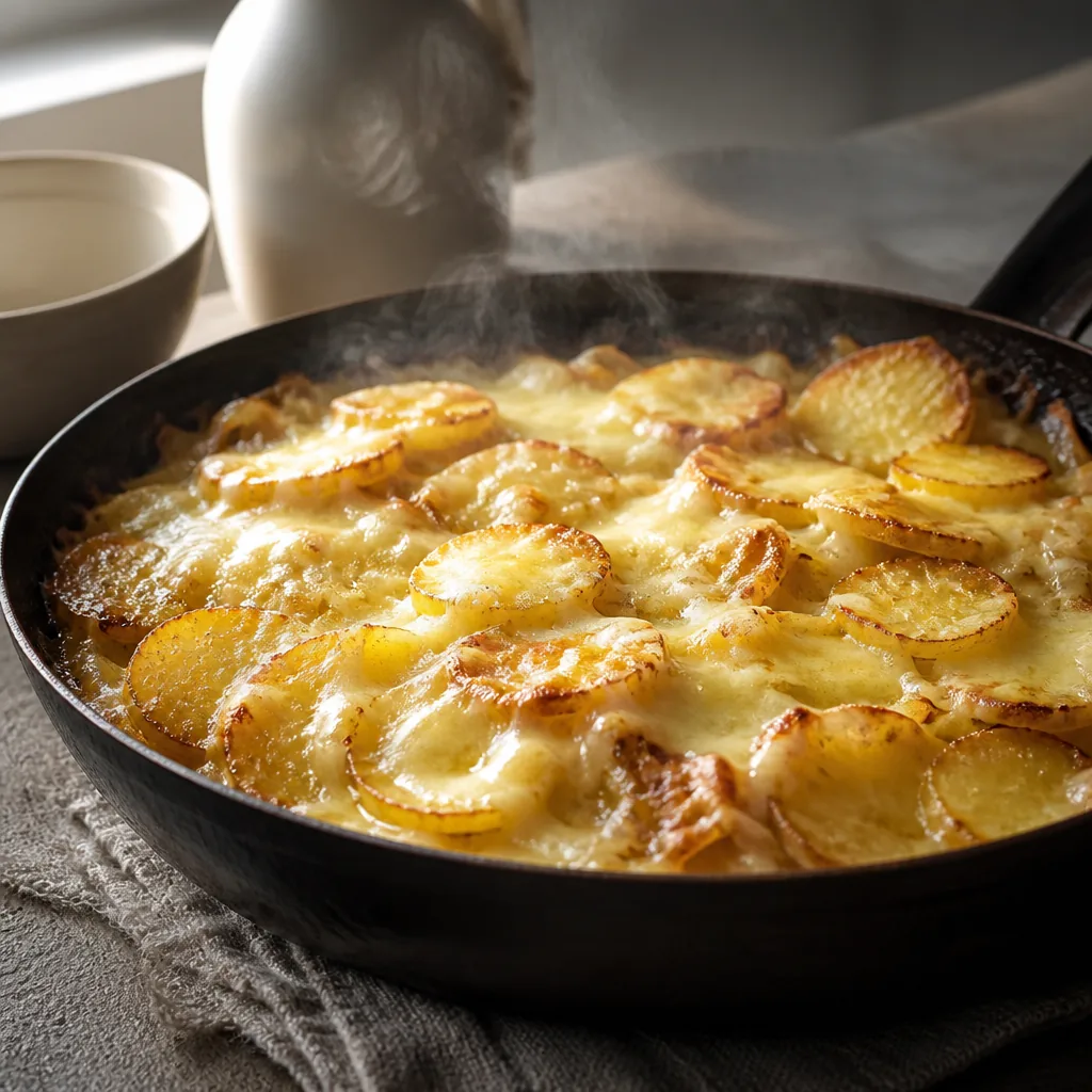 Truffade à la tome fraîche, fromage filant sur des pommes de terre